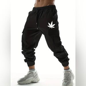Cargo Joggers Pants Athletic Athleisure Drawstring Men’s Size L-XXL Black Leaf